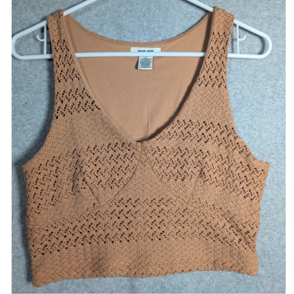 Rachel Paige Crop Top Womens Medium Tan Pointelle Crochet V-Neck Earthy Festival